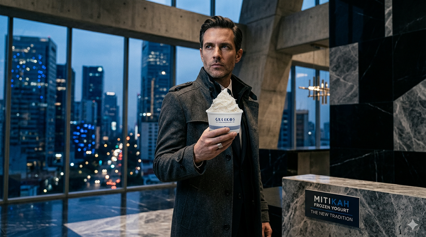 Ejecutivo en trench coat con greek frozen yogurt dentro de Mítikah, CDMX
