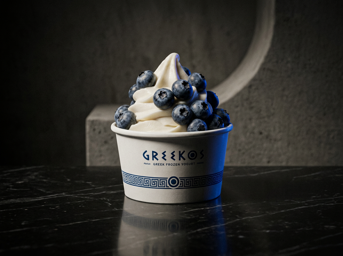 Greek frozen yogurt premium con pistache y baklava en bowl negro mate
